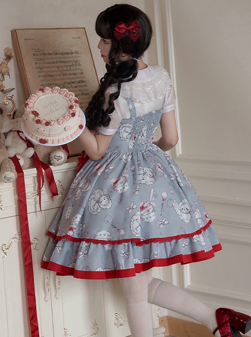 Sweet Tea Party Series Retro Fairy Tale Style Grayish Purple Tea Set Bear Print Red Lace Sweet Lolita Sleeveless Dress