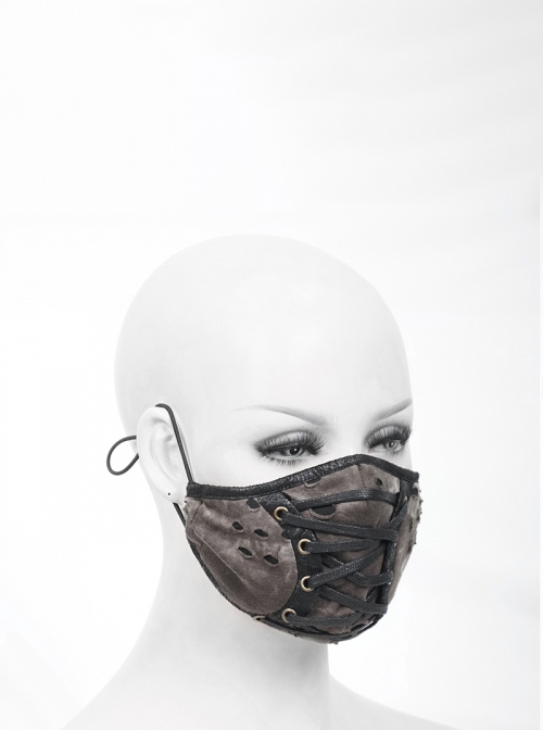 Punk Style Three Dimensional Hole Knitted Front Middle Distressed Eyelet Tie Rope Gray Tie Dye Mask