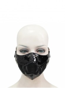 Punk Style Personality Shiny Leather Splicing Breathable Mesh Front Center Metal Ring Decoration Black Three Dimensional Mask