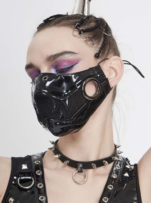 Punk Style Personality Shiny Leather Splicing Breathable Mesh Front Center Metal Ring Decoration Black Three Dimensional Mask