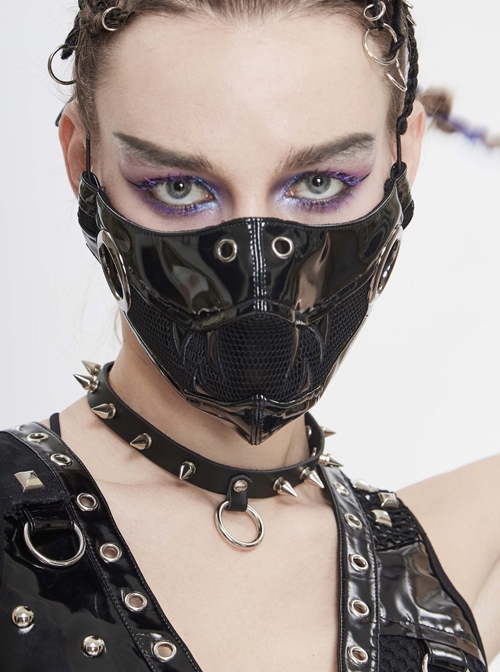 Punk Style Personality Shiny Leather Splicing Breathable Mesh Front Center Metal Ring Decoration Black Three Dimensional Mask