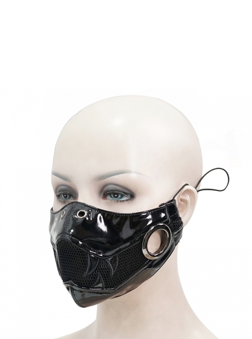 Punk Style Personality Shiny Leather Splicing Breathable Mesh Front Center Metal Ring Decoration Black Three Dimensional Mask