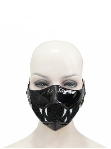 Punk Style Personality Shiny Leather Splicing Breathable Mesh Fang Pattern Decoration Black Three Dimensional Mask