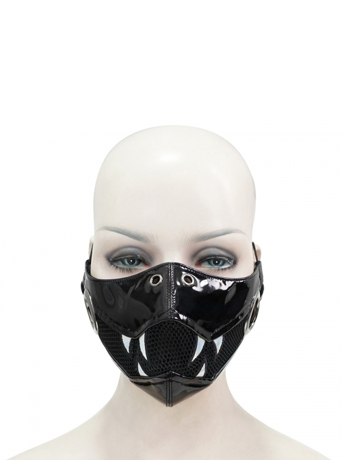 Punk Style Personality Shiny Leather Splicing Breathable Mesh Fang Pattern Decoration Black Three Dimensional Mask