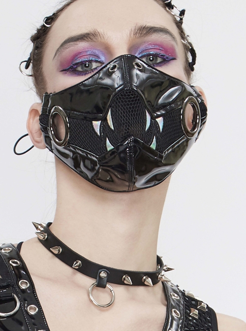 Punk Style Personality Shiny Leather Splicing Breathable Mesh Fang Pattern Decoration Black Three Dimensional Mask