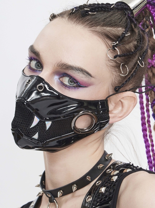 Punk Style Personality Shiny Leather Splicing Breathable Mesh Fang Pattern Decoration Black Three Dimensional Mask