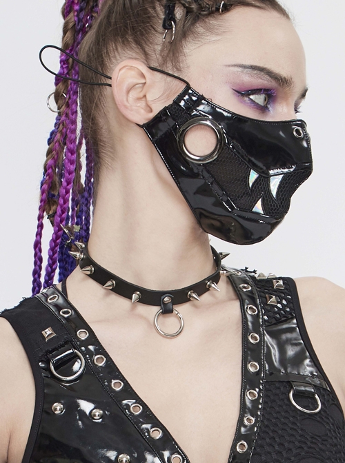 Punk Style Personality Shiny Leather Splicing Breathable Mesh Fang Pattern Decoration Black Three Dimensional Mask