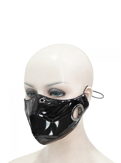 Punk Style Personality Shiny Leather Splicing Breathable Mesh Fang Pattern Decoration Black Three Dimensional Mask