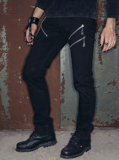 Punk Style Personality Twill Fabric Side Metal Chain With Skull Zipper Pendant Black Simple Trousers