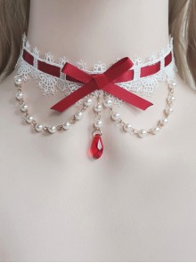 Versatile Gorgeous Pearl European Vintage Court Style Ribbon Bowknot Lace Clavicle Chain Classic Lolita Necklace