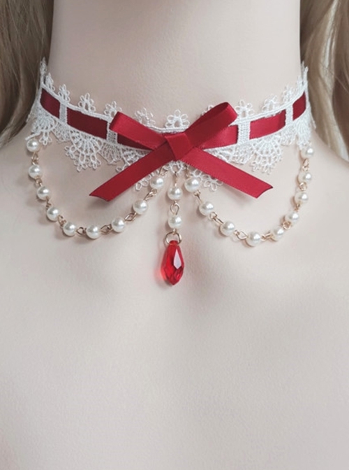 Versatile Gorgeous Pearl European Vintage Court Style Ribbon Bowknot Lace Clavicle Chain Classic Lolita Necklace