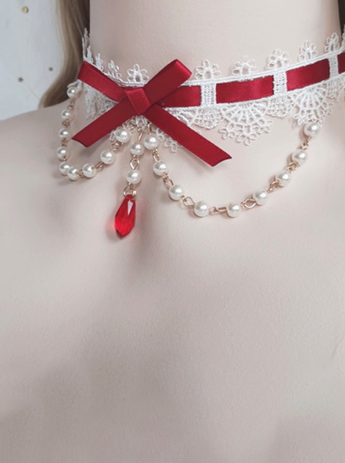 Versatile Gorgeous Pearl European Vintage Court Style Ribbon Bowknot Lace Clavicle Chain Classic Lolita Necklace