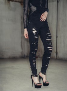 Punk Style Elastic Ripped Twill Asymmetric Single Side Metal Button Black Daily Slim Trousers
