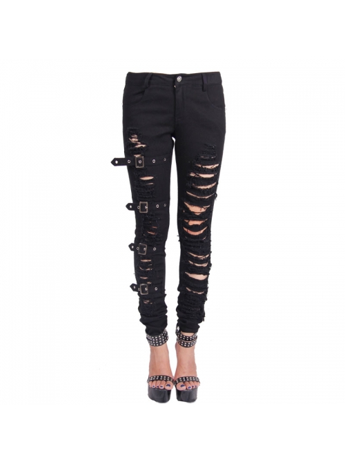 Punk Style Elastic Ripped Twill Asymmetric Single Side Metal Button Black Daily Slim Trousers