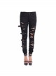 Punk Style Elastic Ripped Twill Asymmetric Single Side Metal Button Black Daily Slim Trousers