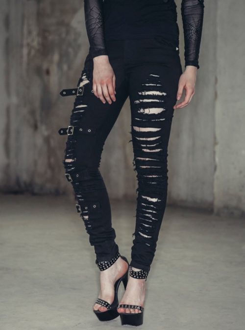 Punk Style Elastic Ripped Twill Asymmetric Single Side Metal Button Black Daily Slim Trousers