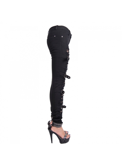 Punk Style Elastic Ripped Twill Asymmetric Single Side Metal Button Black Daily Slim Trousers