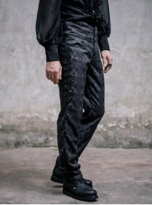Punk Style Gorgeous Jacquard Fabric Side Panels Adjustable Drawstring Black High Waist Trousers
