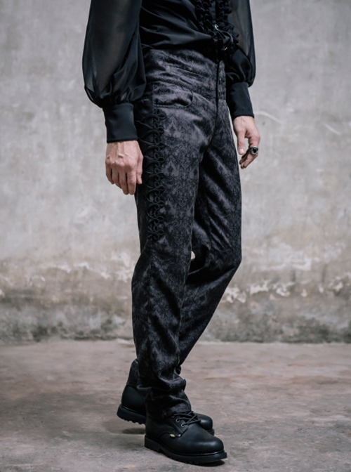 Punk Style Gorgeous Jacquard Fabric Side Panels Adjustable Drawstring Black High Waist Trousers