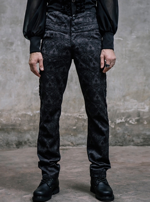 Punk Style Gorgeous Jacquard Fabric Side Panels Adjustable Drawstring Black High Waist Trousers