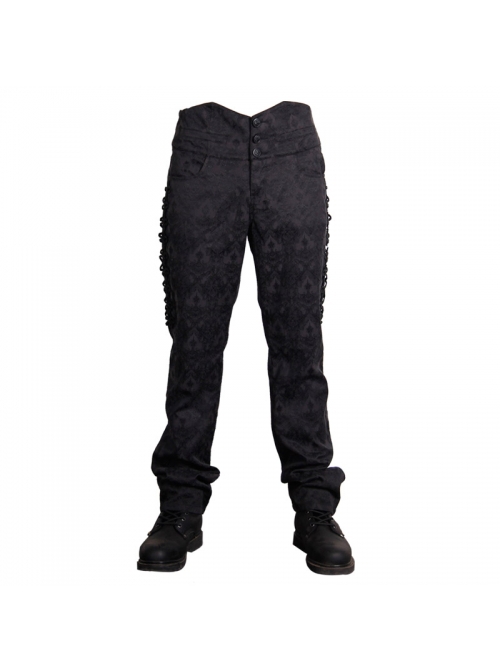 Punk Style Gorgeous Jacquard Fabric Side Panels Adjustable Drawstring Black High Waist Trousers