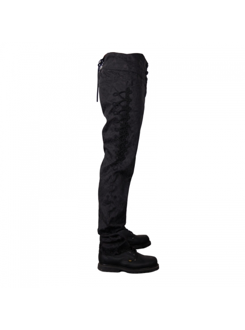 Punk Style Gorgeous Jacquard Fabric Side Panels Adjustable Drawstring Black High Waist Trousers