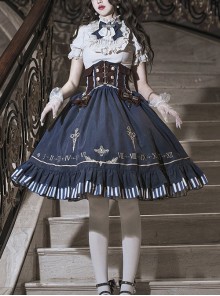 Gorgeous Exquisite Steampunk Style Gilt Pointer Navigation Adventurer Girl Classic Lolita Shirt Girdle Skirt Set