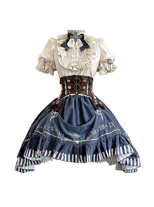 Gorgeous Exquisite Steampunk Style Gilt Pointer Navigation Adventurer Girl Classic Lolita Shirt Girdle Skirt Set