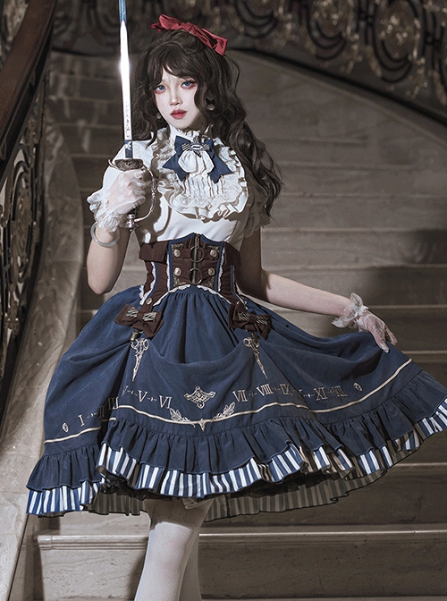 Gorgeous Exquisite Steampunk Style Gilt Pointer Navigation Adventurer Girl Classic Lolita Shirt Girdle Skirt Set