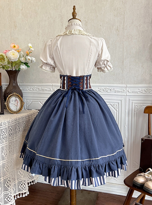 Gorgeous Exquisite Steampunk Style Gilt Pointer Navigation Adventurer Girl Classic Lolita Shirt Girdle Skirt Set