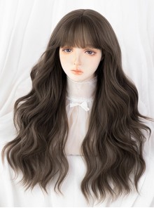 Cute Japanese Style Daily Versatile Flat Bangs Brown Long Wavy Hair Classic Lolita Full Head Wig