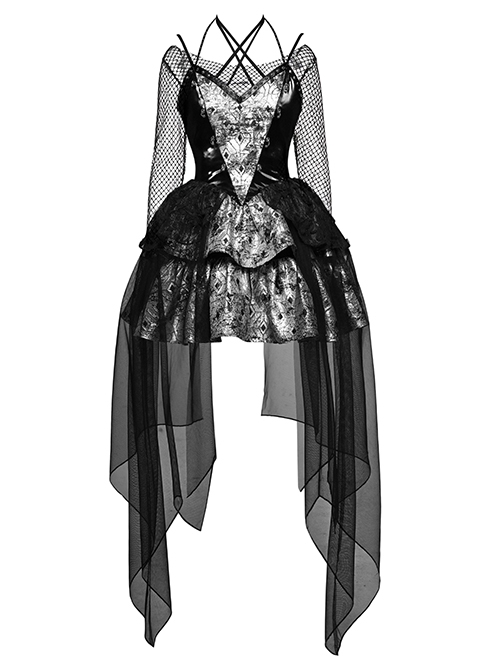 Liquid Infestation Series Black Gothic Subculture Punk Lolita Metallic Texture Net Yarn Inner Wear Halter Neck Dress Set