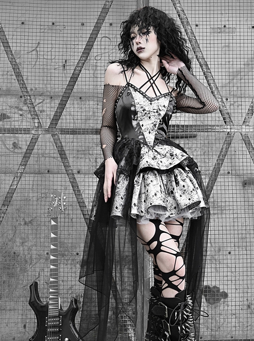 Liquid Infestation Series Black Gothic Subculture Punk Lolita Metallic Texture Net Yarn Inner Wear Halter Neck Dress Set