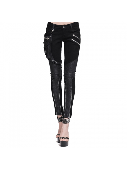 Punk Style Stretch Twill Fabric Center Front Tape Leg Pocket With Metal Ring Decoration Black Daily Trousers