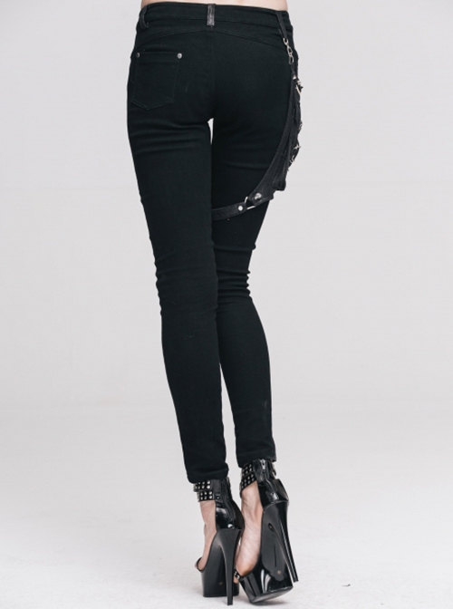 Punk Style Stretch Twill Fabric Center Front Tape Leg Pocket With Metal Ring Decoration Black Daily Trousers