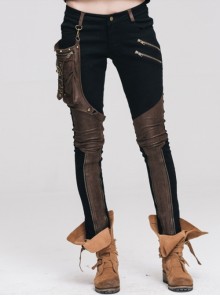 Punk Style Stretch Twill Fabric Center Front Tape Leg Pocket With Metal Ring Decoration Brown Daily Trousers