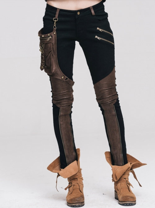 Punk Style Stretch Twill Fabric Center Front Tape Leg Pocket With Metal Ring Decoration Brown Daily Trousers