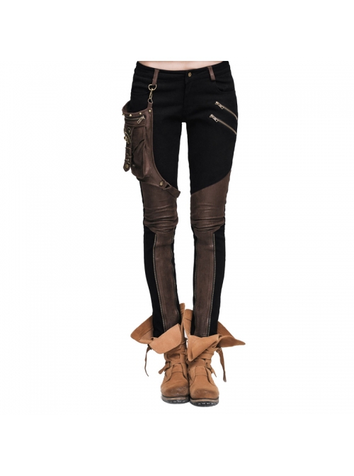 Punk Style Stretch Twill Fabric Center Front Tape Leg Pocket With Metal Ring Decoration Brown Daily Trousers