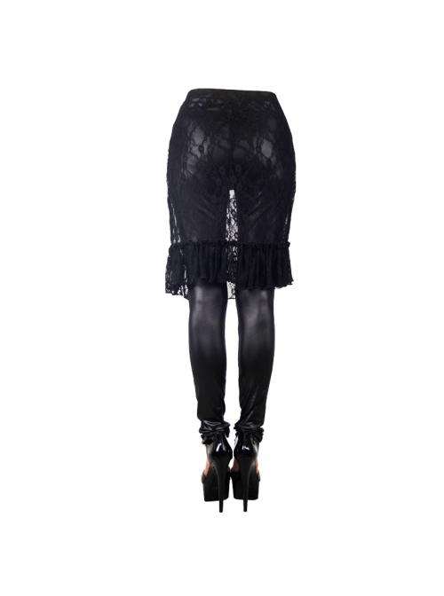 Gothic Style Sexy Stretch Faux Leather Outer Skirt Rose Lace Mesh Fabric Black Leggings