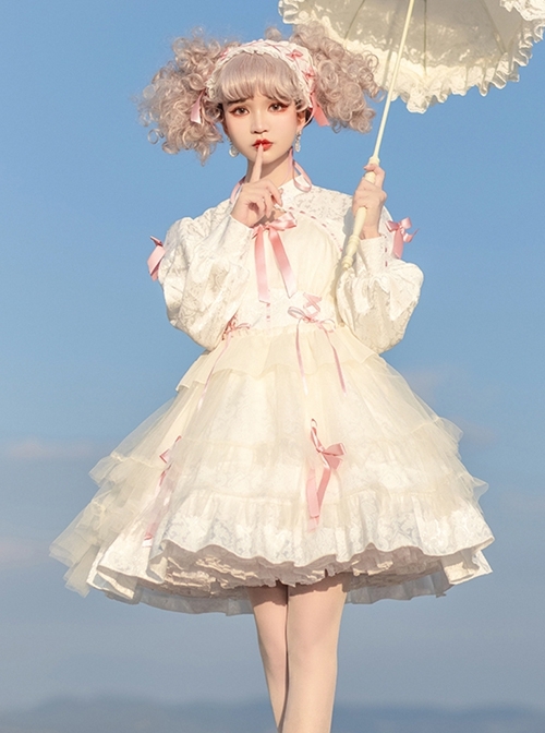 Love Song Series Small Stand Collar Sweet Cool Ribbon Bowknot Lace Cake Hem Sweet Lolita Puff Long Sleeves Dress