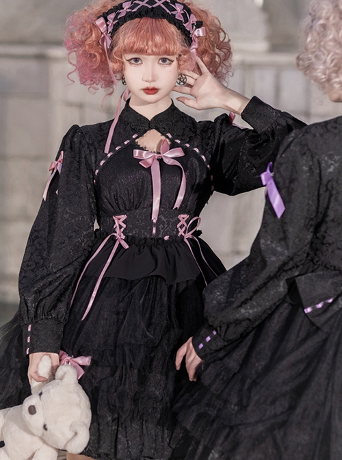 Love Song Series Small Stand Collar Sweet Cool Ribbon Bowknot Lace Cake Hem Sweet Lolita Puff Long Sleeves Dress