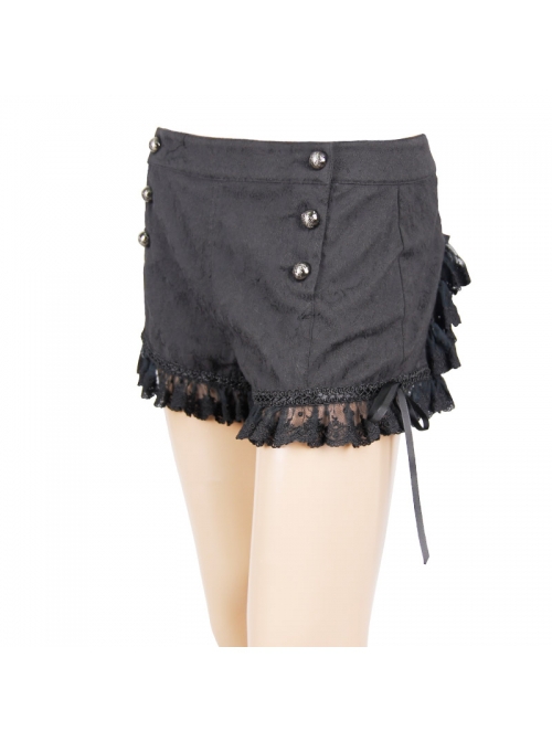 Gothic Style Jacquard Fabric Center Front Double Breasted With Ruffled Lace Hem Black Sexy Short Pants