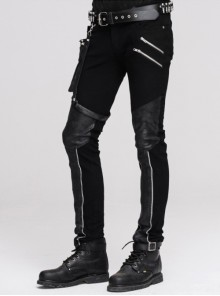 Gothic Style Stretch Twill Fabric Side Detachable Leg Pockets With Metal Rings Men's Black Trousers