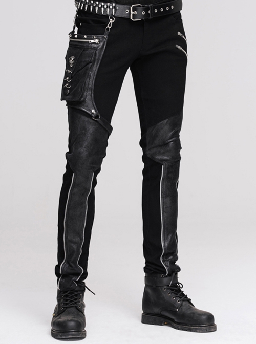 Gothic Style Stretch Twill Fabric Side Detachable Leg Pockets With Metal Rings Men's Black Trousers