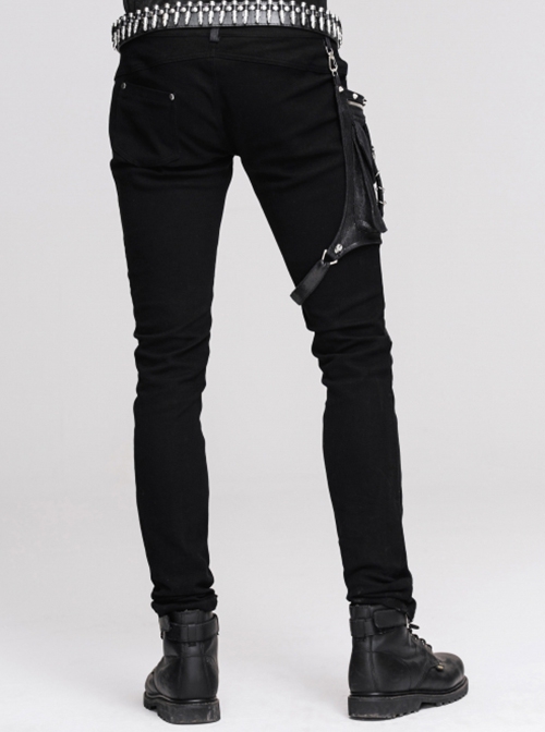 Gothic Style Stretch Twill Fabric Side Detachable Leg Pockets With Metal Rings Men's Black Trousers