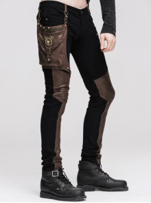 Gothic Style Stretch Twill Fabric Side Detachable Leg Pockets With Metal Rings Men's Brown Trousers