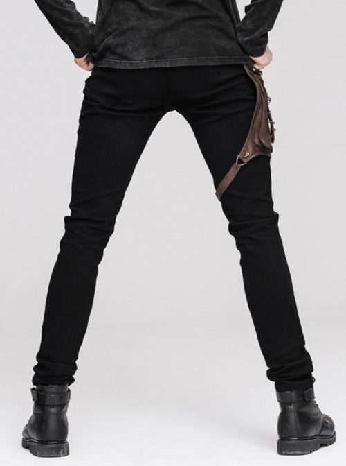 Gothic Style Stretch Twill Fabric Side Detachable Leg Pockets With Metal Rings Men's Brown Trousers