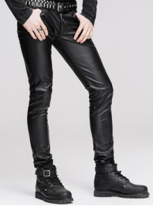 Punk Style Simple Slim Fit Rough Grain Faux Leather Black Stretch Leggings