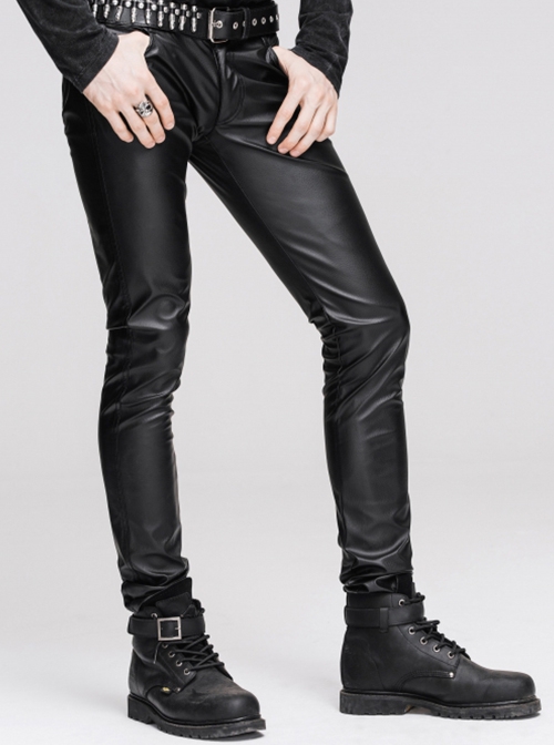 Punk Style Simple Slim Fit Rough Grain Faux Leather Black Stretch Leggings