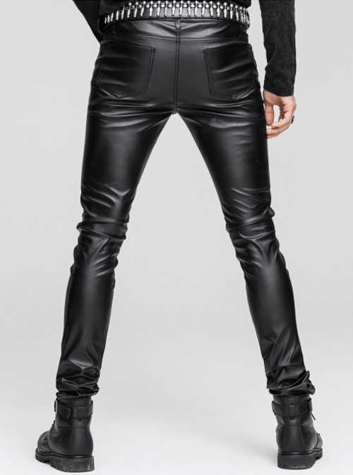 Punk Style Simple Slim Fit Rough Grain Faux Leather Black Stretch Leggings